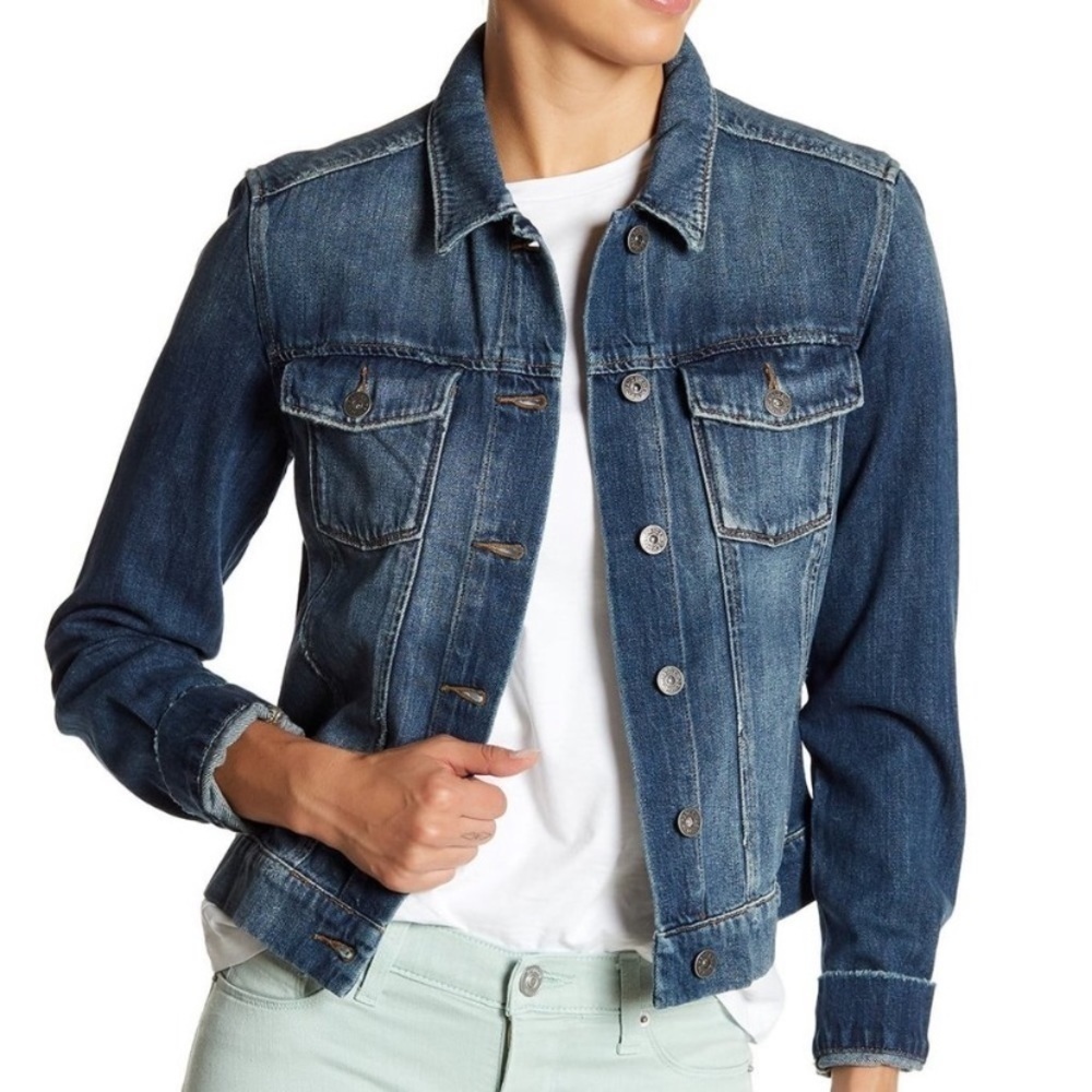 Paige Distressed Classic Jean Jacket EUC